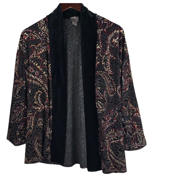 Chicos Open Cardigan Kimono Jacket Sz 1 (Medium) Velour Velvet Black Burnout - Picture 2 of 5